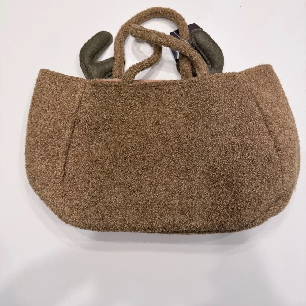 Papyrus Reindeer Bag 74437 Brown Wool Blend Holiday Tote Red Nose Antlers NWT